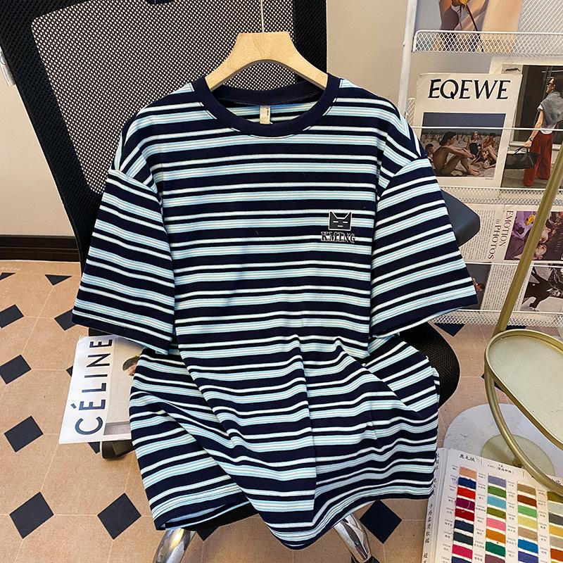 Blue striped round neck loose short-sleeved T-shirt women s summer new unique design beautiful dopamine top M синий