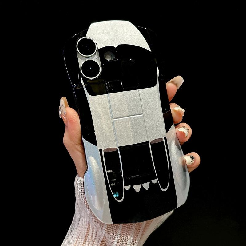 3D Car Shape Cool Glossy Phone Case For iPhone 16 Pro Max 15 Pro 14 13 12 11 Slim Hard PC Hybrid Silicone Soft Edge Shockproof Bracket Back Cover