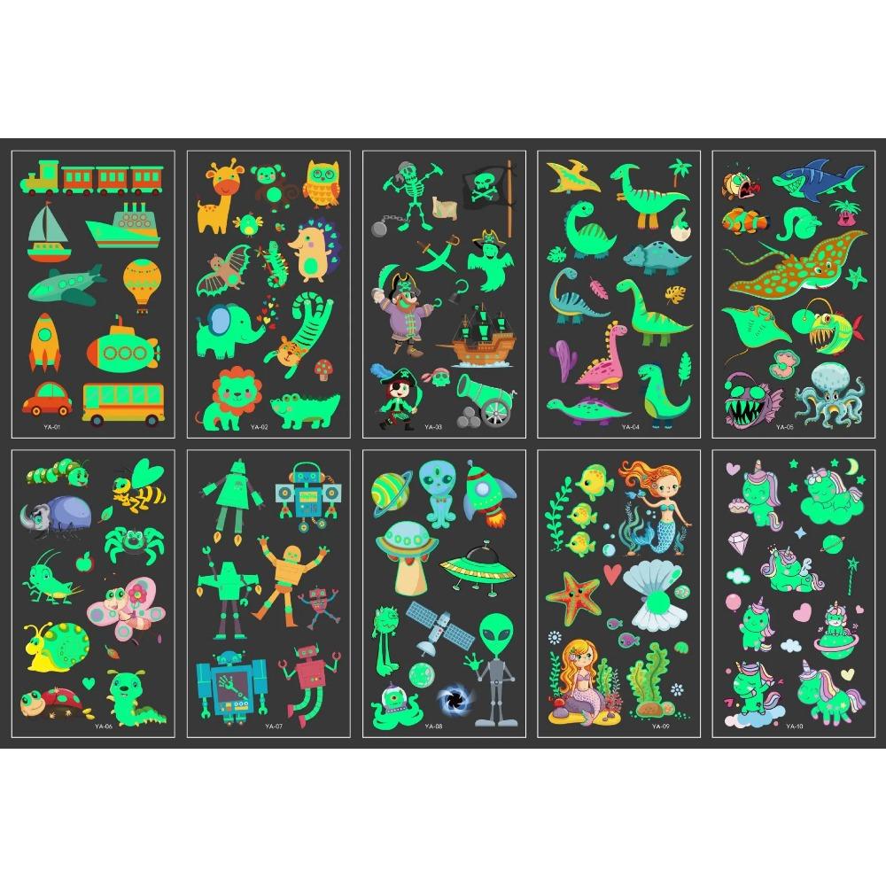 5/10Sheets Luminous Tattoo Anime Stickers Toy Children Body Art Temporary Fake Tattoos Waterproof Cartoon Unicorn Animal Mermaid