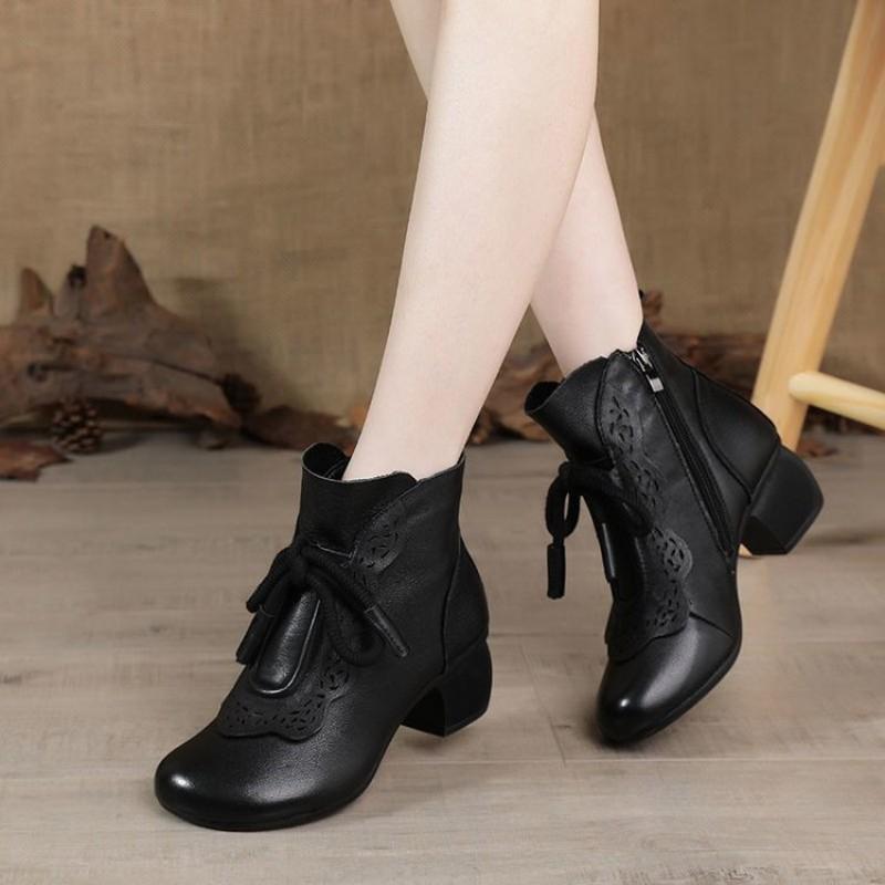 Womens Mid-Heel Round-Toe Ankle Boots PU Leather Comfortable Slip-Resistant Winter Fashion Mature Ladies