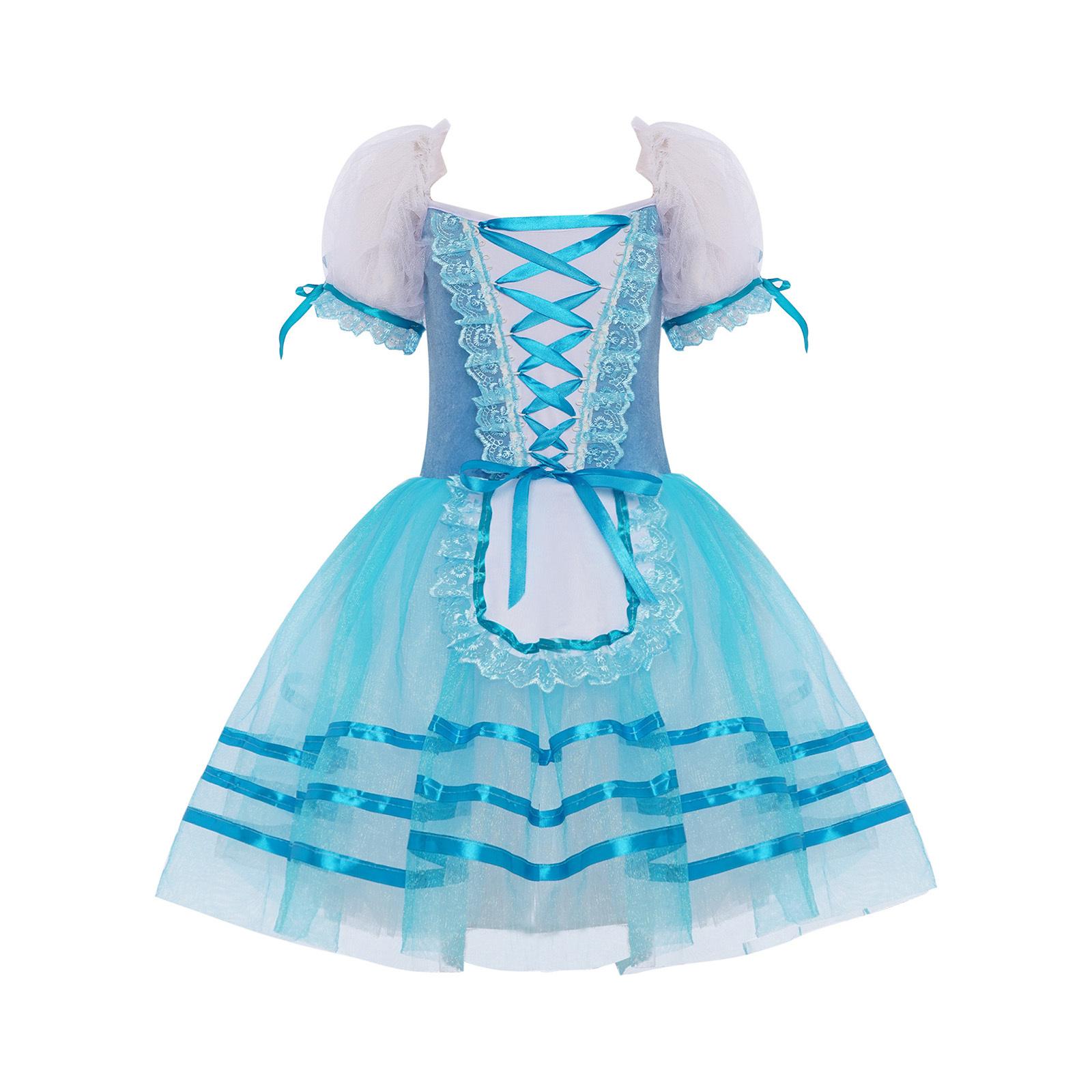

Kids Girls Recital Tutu Dress: Puff Sleeves Lace Trim Velvet Patchwork Bodice Lace-up Layered Skirt for Stage Performance 11-12 Years світло-синій колір