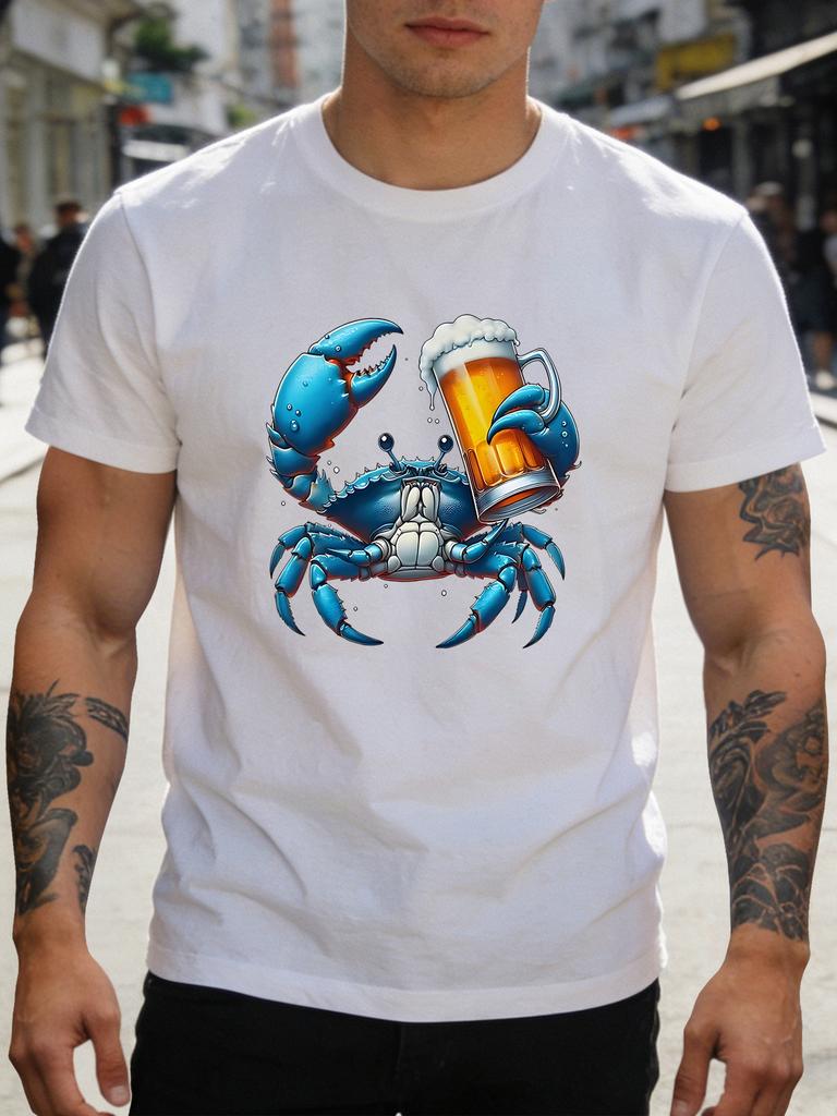 Men White Tee Blue Crab Holding Beer Mug Cartoon Graphic Print Short Sleeve Loose Casual Street