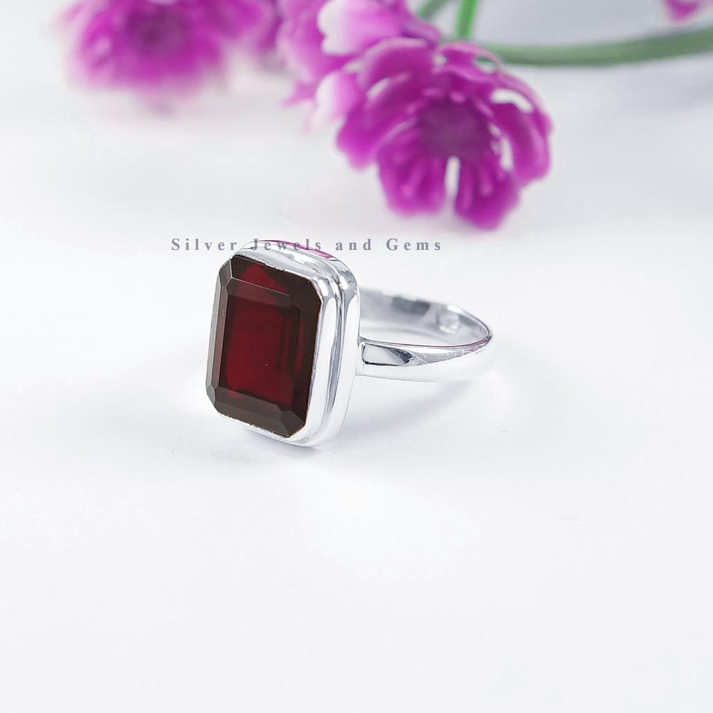 Handmade Rectangle Garnet Ring: 925 Sterling Silver January Birthstone
