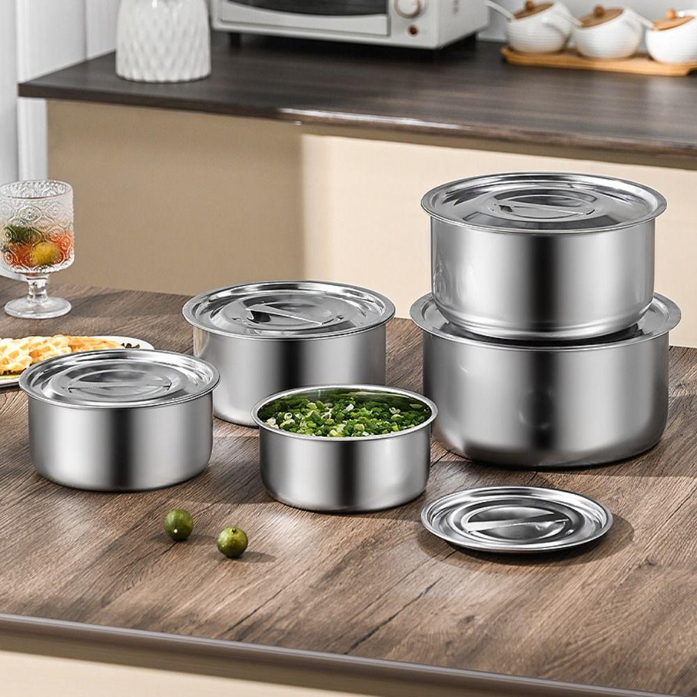 5Pcs With Lid Stainless Steel Soup Pot Rustproof Salad Bowl Steamed Egg Bowls  Prepare Dishes