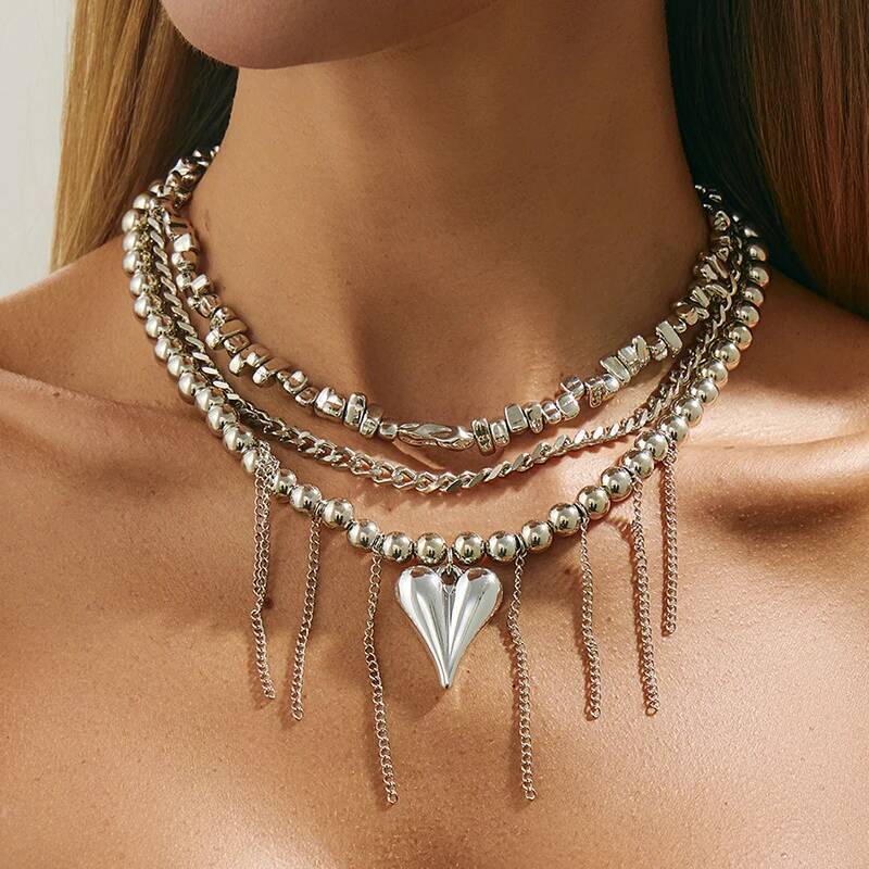 Salircon Trendy Elegant Love Heart Tassel Pendant Choker Necklace Women New Exquisite Metal Beaded Chain Wedding Party Jewelry