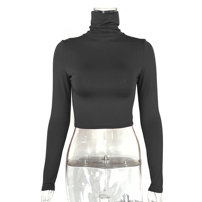 Otoño Mujer Ins Sexy Ajustado Crop Top Manga Larga Cuello Alto