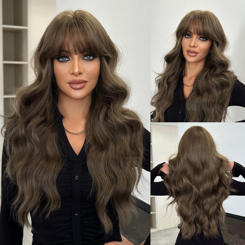 Middle East Mist Tea Light Brown Long Curly Wig for Women -Big Waves Full Bangs, Quick Beauty Daily Styling, High Quality Full Cap
