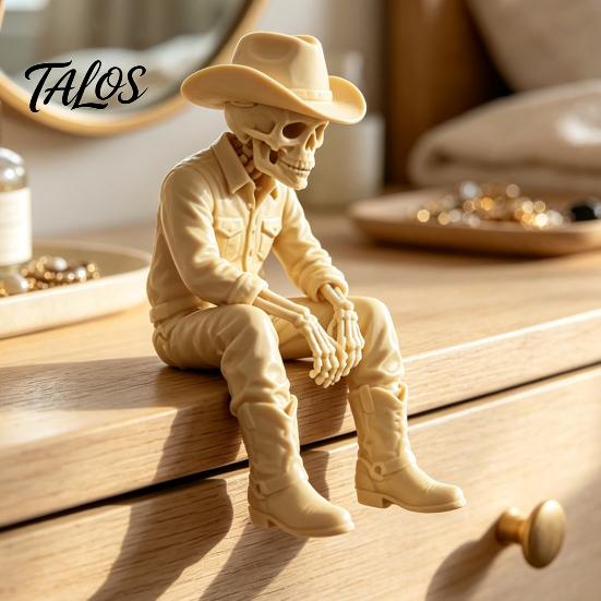 Window Edge Decoration 3D Printed Western Cowboy Skeleton Figurine, Sitting Statue Rustic Desk Decor Sitter, West Style Desktop Shelf for Home Office