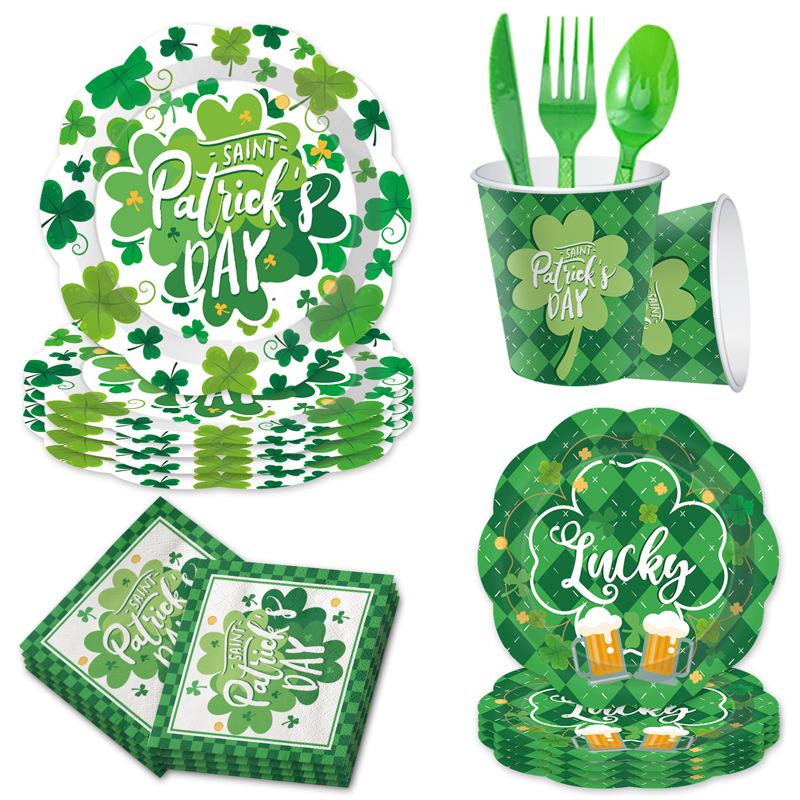St. Patrick'S Day Themed Party Supplies Clover Paper Plates Paper Cups Green Checked Decorative Set