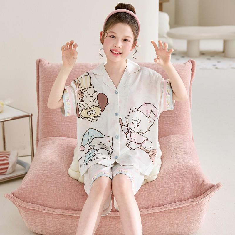 Girls Ice Silk Pajama Set Short Sleeve Cartoon Print Sleepwear Kids 8 Years
