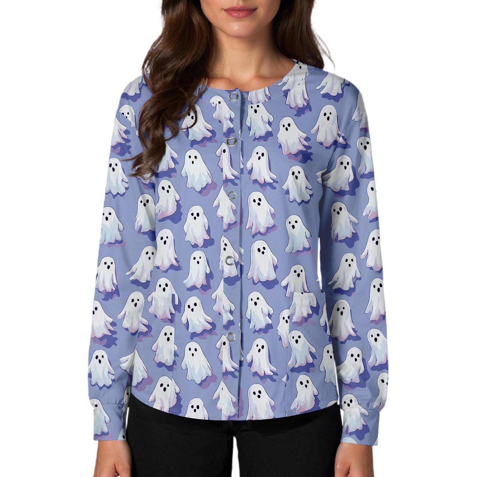 

Women s Casual Fashion Single Breasted Halloween Graphic Printed Nurses Tops S синий