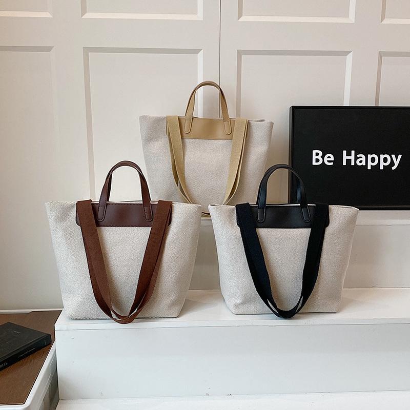 Leisure and Art Splicing Canvas 2025 Weaving Simple New Temperament Commuting Fashion Tote Portable Shoulder Bag