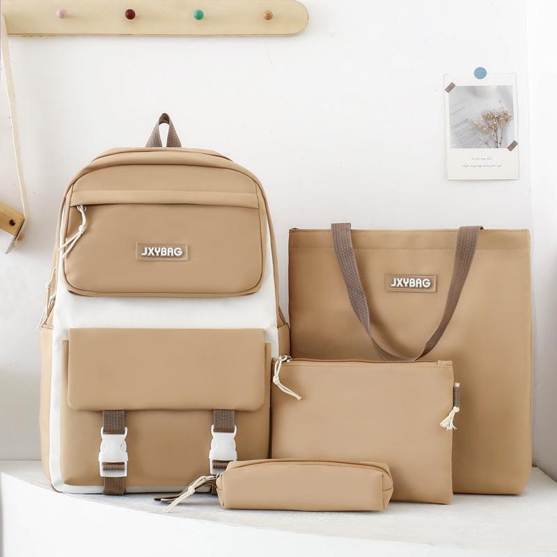 Four-piece Girls Schoolbag Simple Large Capacity Solid Color Five Backpack Junior High School Student Backpack Women