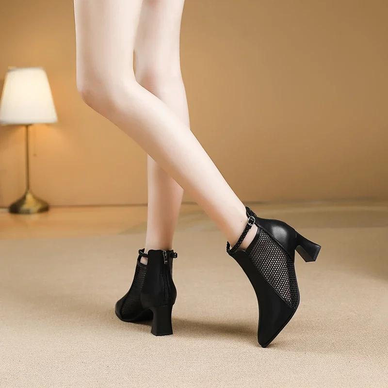 Fashion Brand Ladies Shoes Ankle Women's Boots Fashion Belt Buckle Sandals New Office and Career Sexy Pointed Toe Mesh Modern Boot Women
