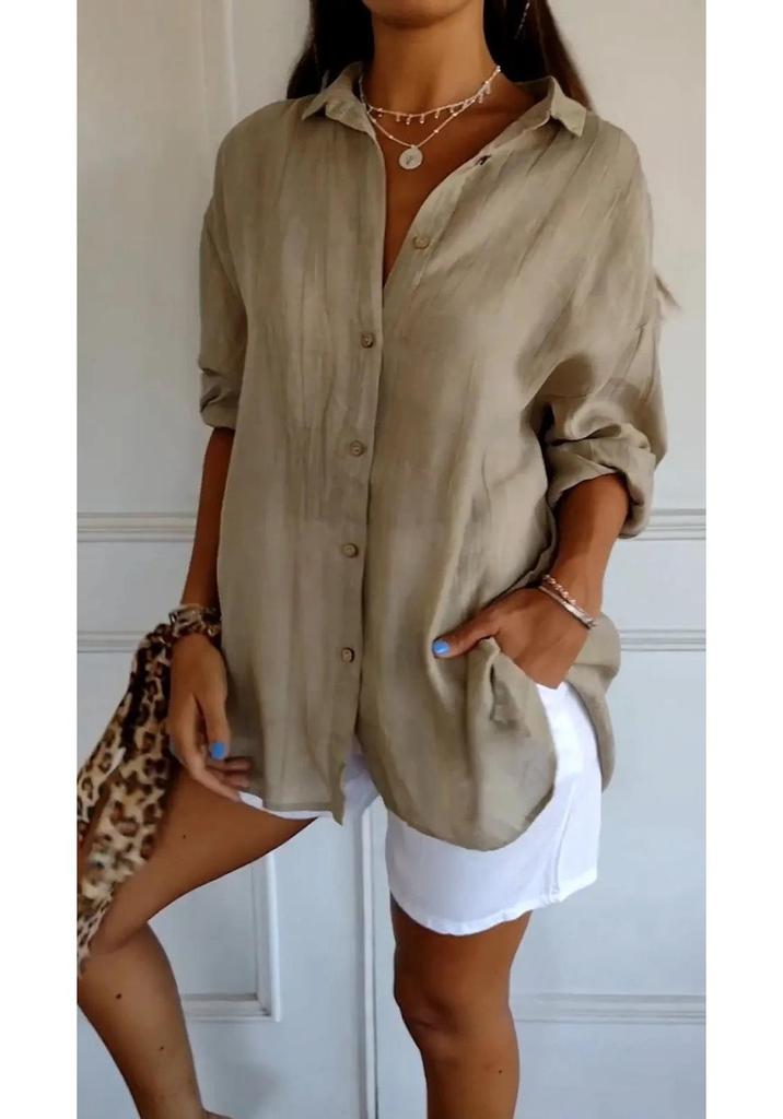 2024 Women's Solid Color Pleated Lapel Shirt - European & American Style, Single-Breasted Roll-Up Sleeve Top