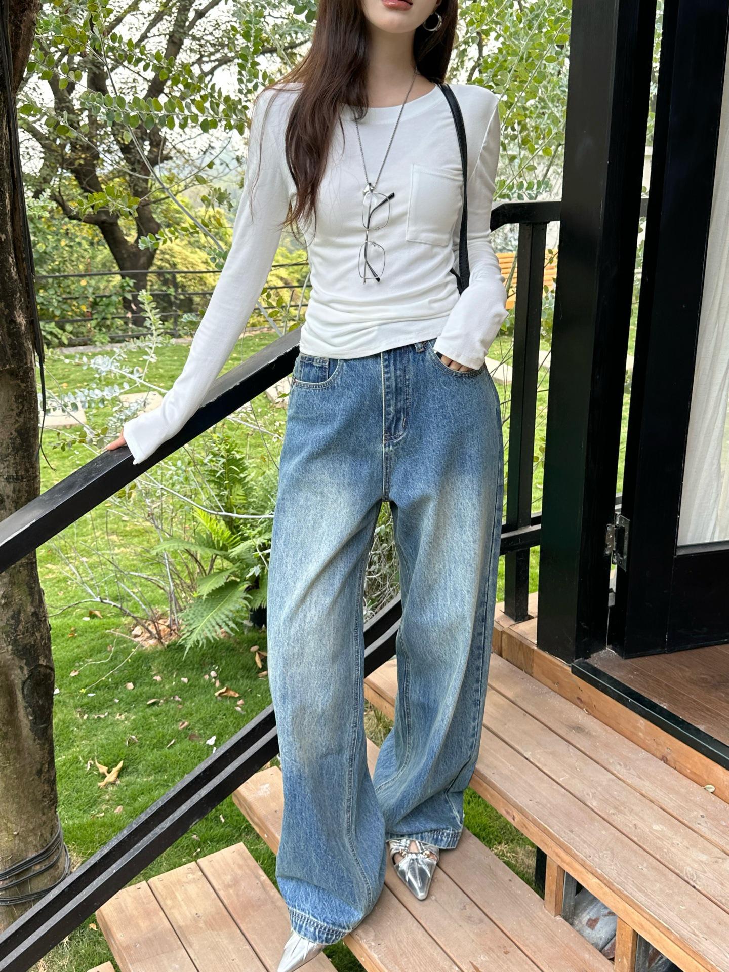 Lu Sheng Unisex Gradient Relaxed Straight-Leg Jeans: Retro & Versatile Casual Wear S