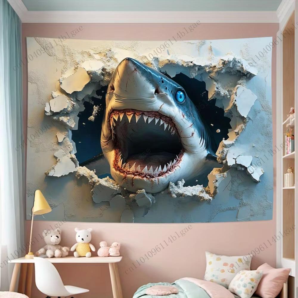 Shark Head Wall Tapestry Dynamic Shark themed Tapestry Unique Home Decoration Thrilling Living Room Tapestry Photo Backdrop 74x94cm(29x37in)