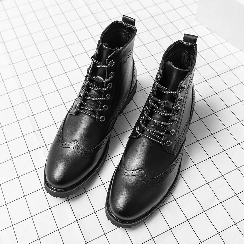 

Высокие мужские ботинки из искусственной кожи с резной шнуровкой на низком каблуке с круглым носком, классические деловые формальные ботинки, удобные нескользящие мужские ботинки 38