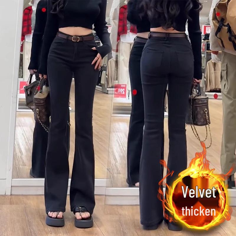 Plus Size High Waist Fleece-Lined Black Flare Jeans for Women