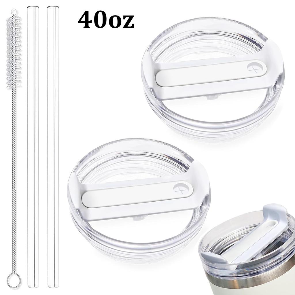 30oz/40oz Tumbler Lid Replacement Fit for Stanley Cup, 2 Pack Replacement Tumbler Lids , with 2 Straws and 1 Cleaning Brush