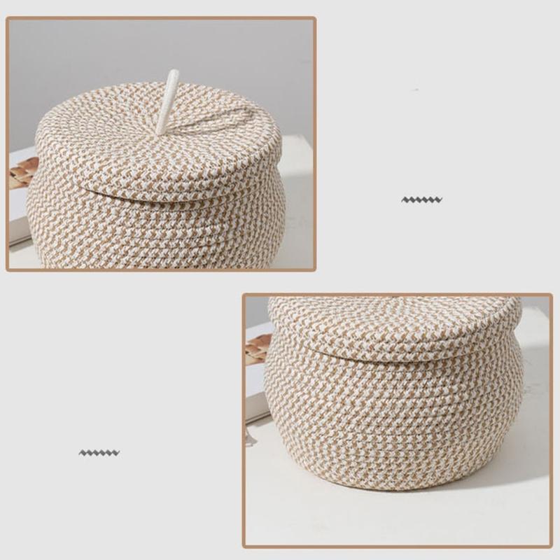 Storage Basket with Lid Key Laundry Round Little Baskets Organizer Shelves Woven Cotton Rope Indoor Pots Plant Decor