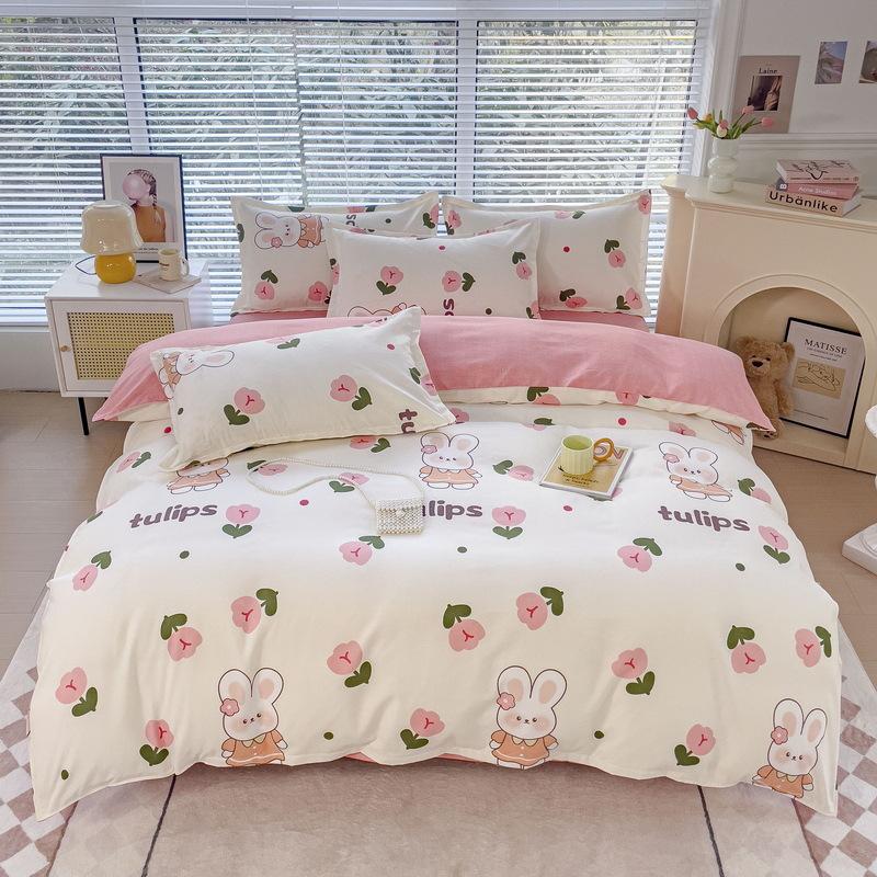 Verdicktes und Poliertes Vier-Teile-Set aus reiner Baumwolle, Bettlaken, Bettbezug, Dreiteiliges Set für Studentenwohnheim, Bettwäsche