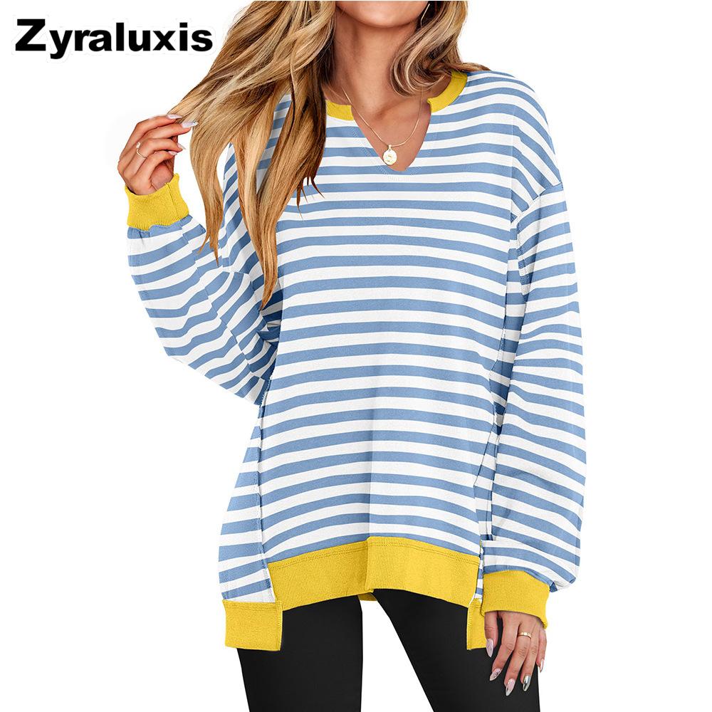 Fall New Arrivals Colorful Striped V-Neck Loose Fit Sweatshirt Women's