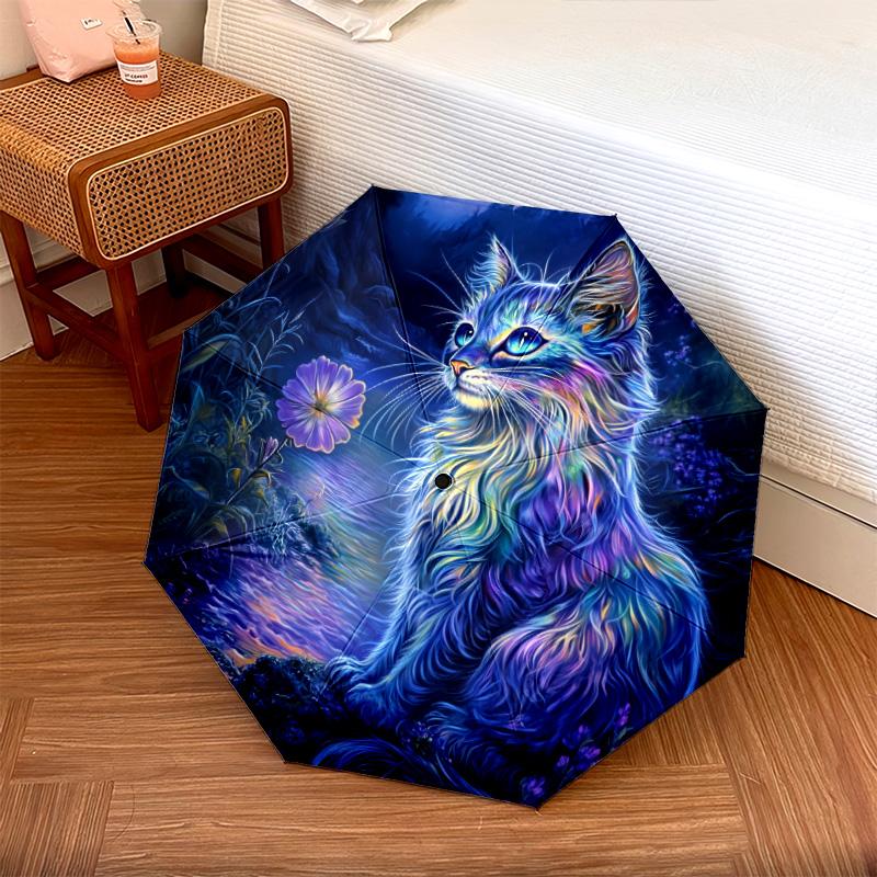 Night Cat  pattern, automatic folding umbrella, portable and foldable design, 8 ribs, a Christmas or birthday gift.
