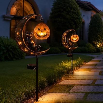 Solar Powered Black Cat & Pumpkin Moon Stake Light Halloween Outdoor Garden Lawn Decor Ghost Witch Skull Bat Night Light