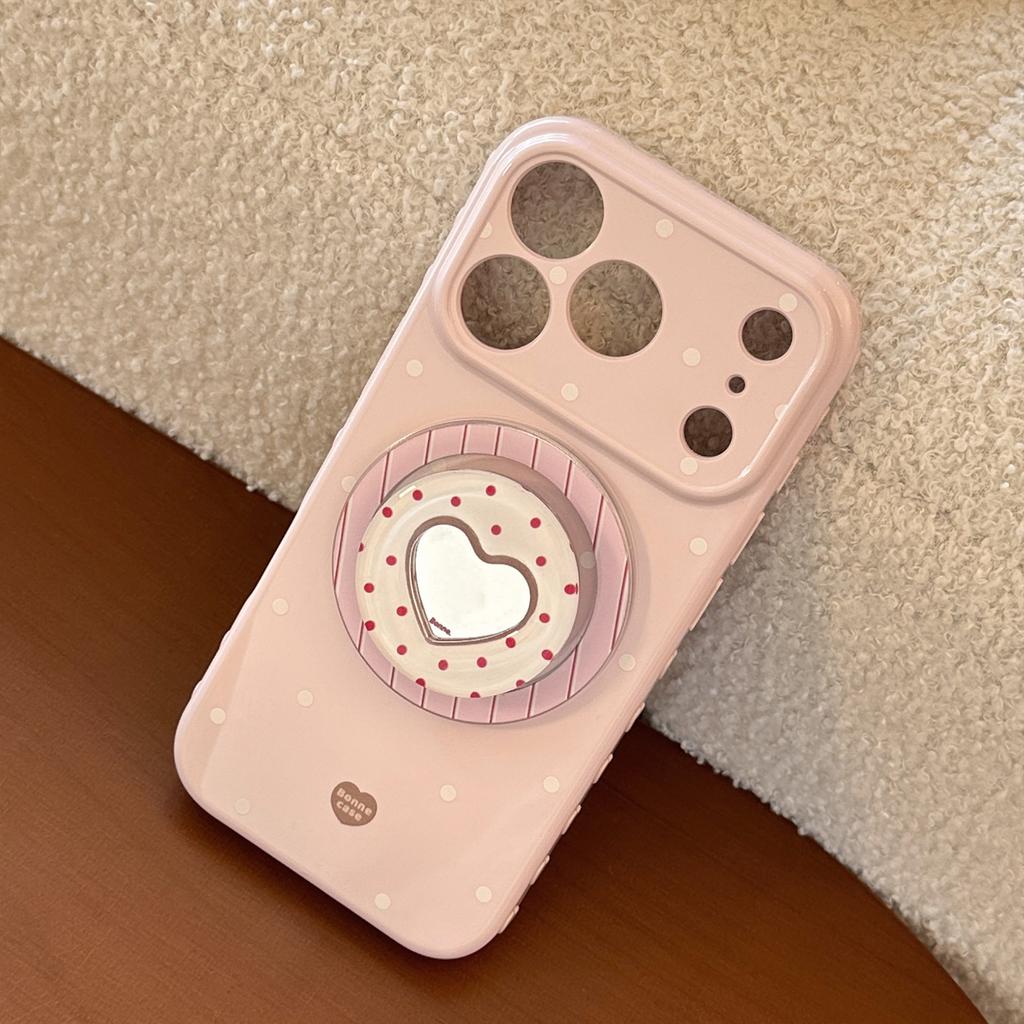 Cream polka dot Apple 17 Promax phone case iPhone 16 heart-shaped mirror magnetic suction support