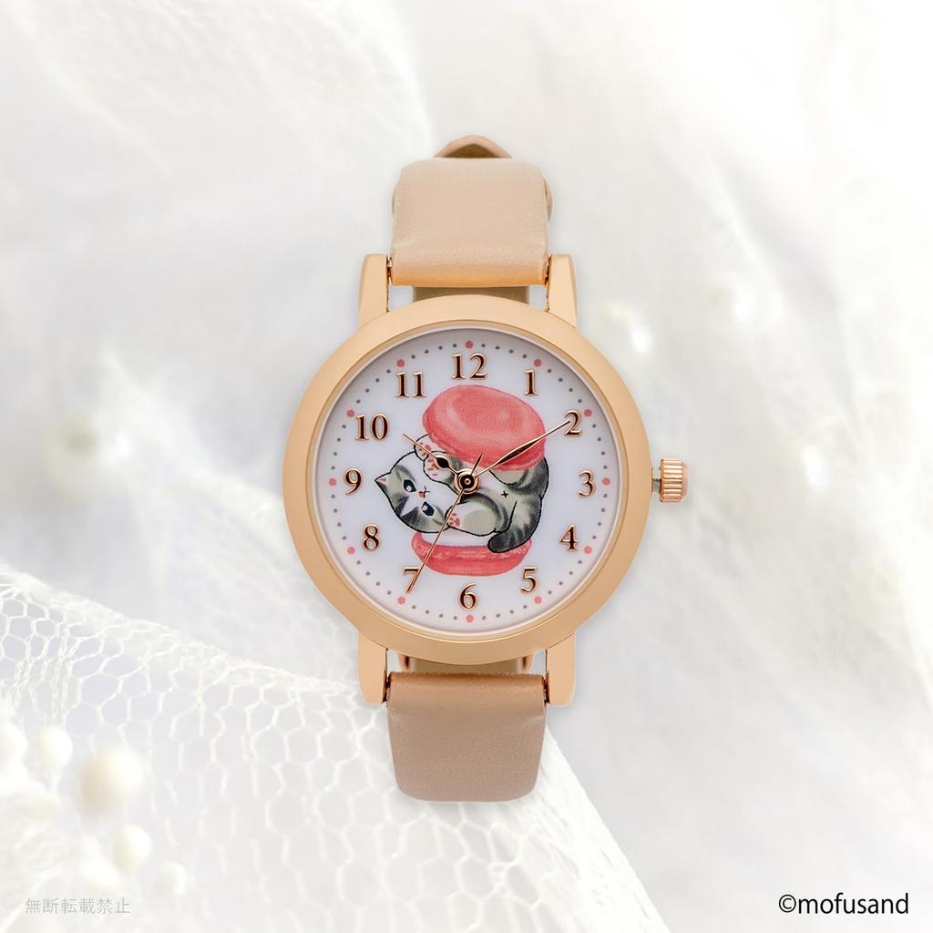 Fieldwork mofusand Analog Watch with Leather Pastel Small Round Macaron Watch Pink Women's Strap, Colors, G, (MSD005-2)