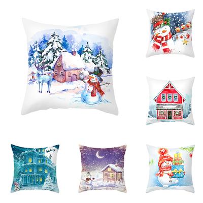 Merry Christmas Watercolor Cartoon Snowman Pattern Cushion Cover Home Living Room Sofa Decoration Square Pillow Pillow Cover