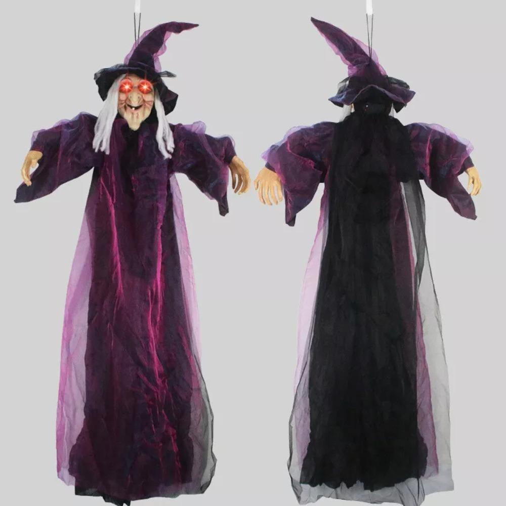 Fialová strašidelná animatronická čarodějnice Halloween Red Eye Animovaná čarodějnice Mluvící čarodějnice v životní velikosti
