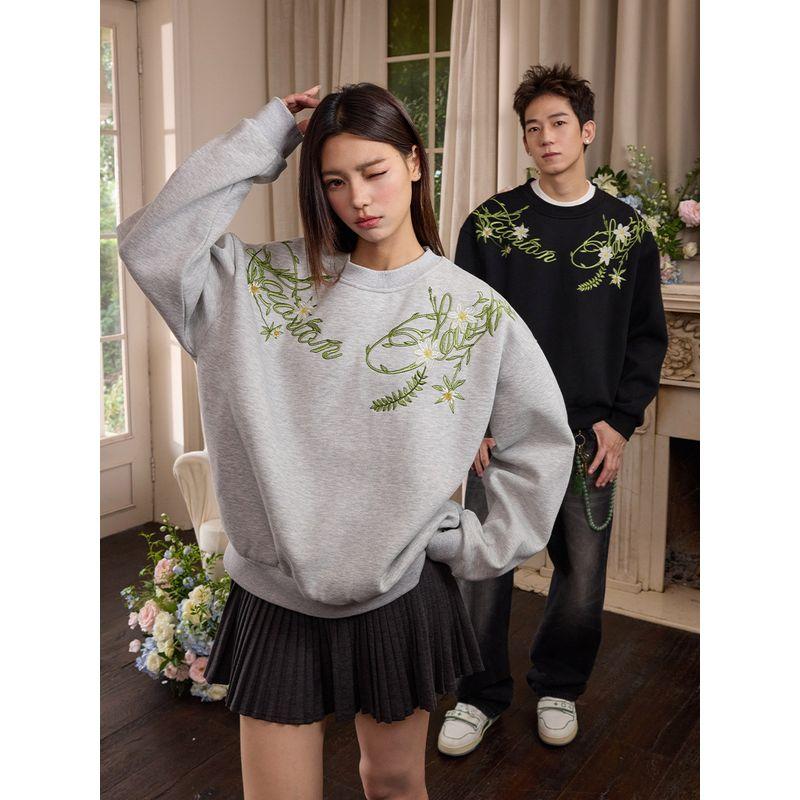 HACR Necklace Harshandcruel American Street Handwritten Flower Necklace Couple Sense Crew Neck Pullover Sweatshirt