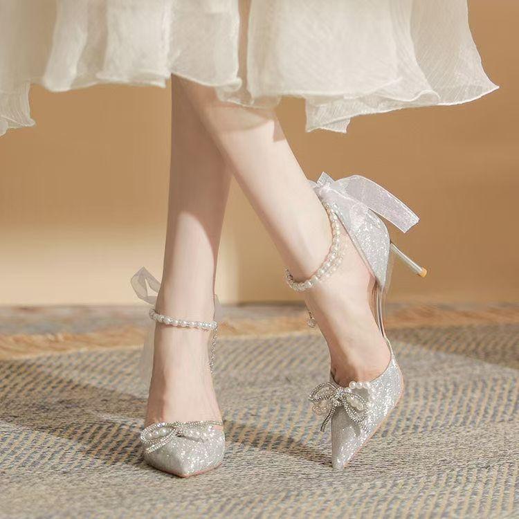 Wedding shoes bride shoes ribbon bow pointed single shoes women's pearl chain one-word strap high heels women's new 2025