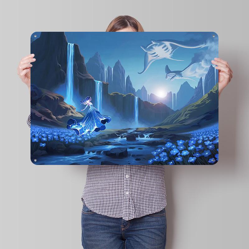 Fantasy Landscape With Woman and Mantas D Texture Metal Poster Customized Wall Art Tin Sign Gift for Mancave Decor Luxury House