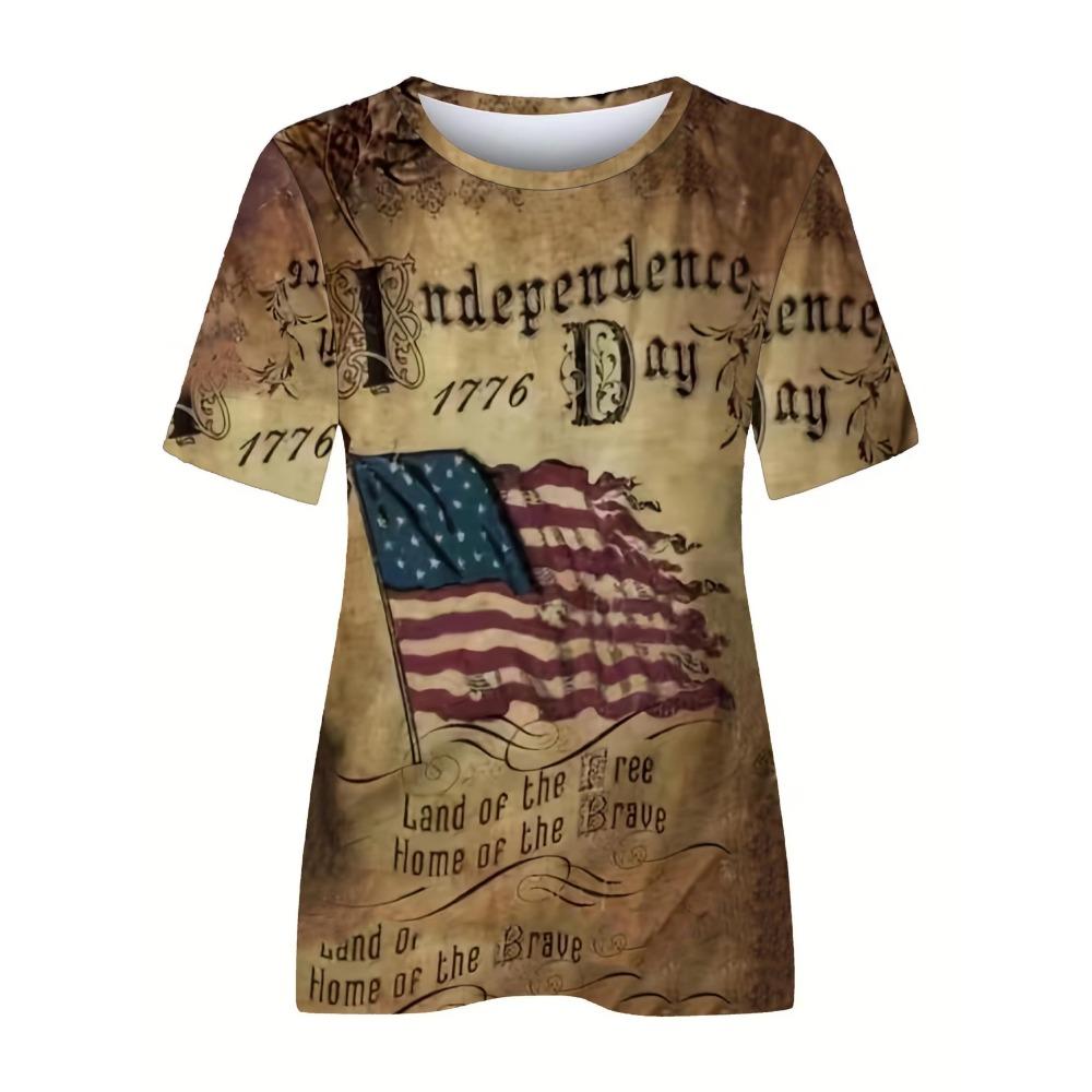 Women's American Flag & Bald Eagle Print T-Shirt Casual Short Sleeve Crew Neck Patriotic Graphic Tee for Summer