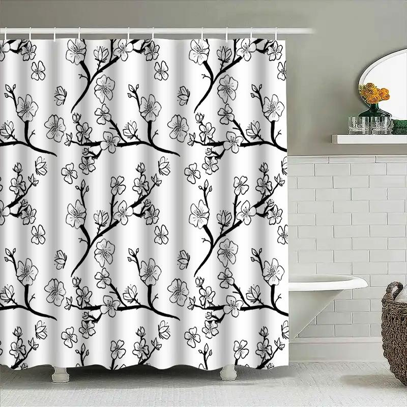 Tenda da Doccia Floreale Modello Botanico Bianco Nero Arredo Bagno Rivestimento Impermeabile Stile Rustico Fattoria Natura Appeso Artistico a Parete