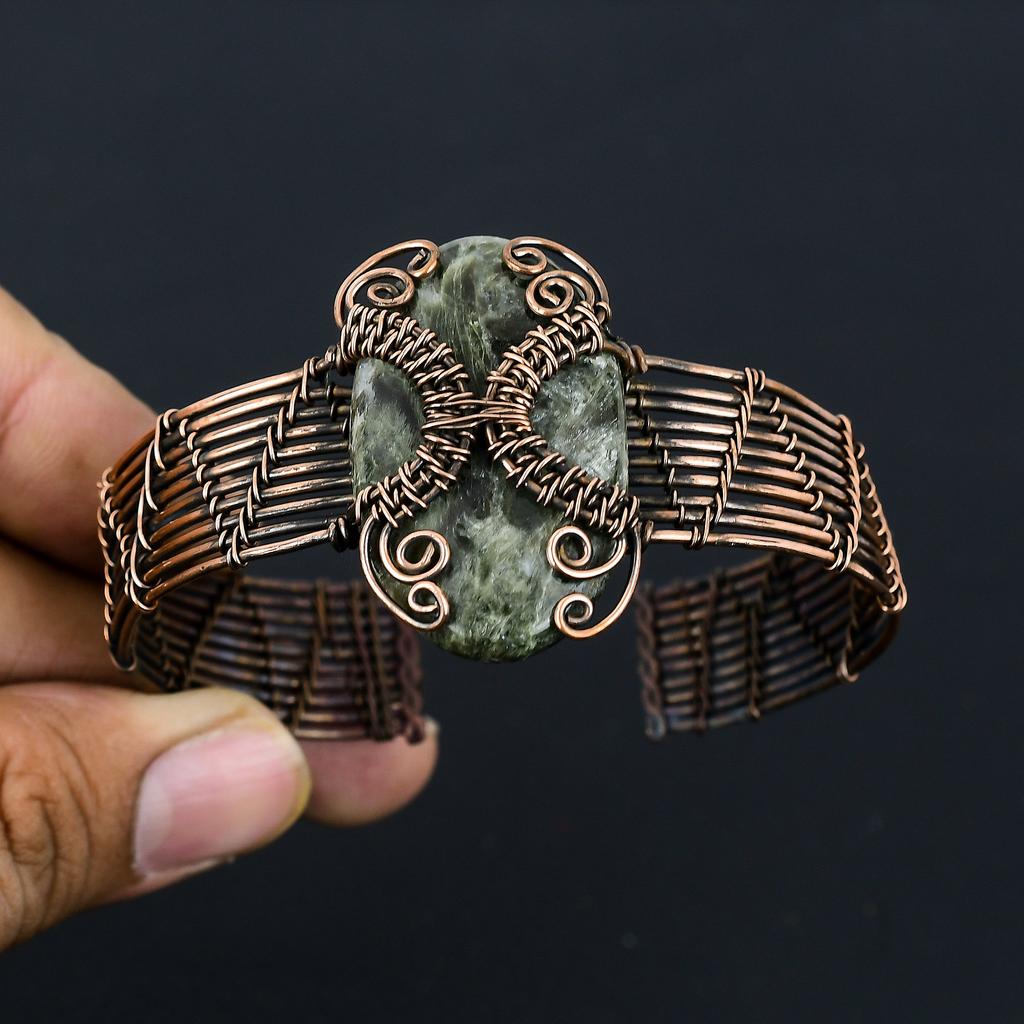 Natural Serphanite Gemstone Handmade Copper Wire Wrap Bangle Adjustable t0j49