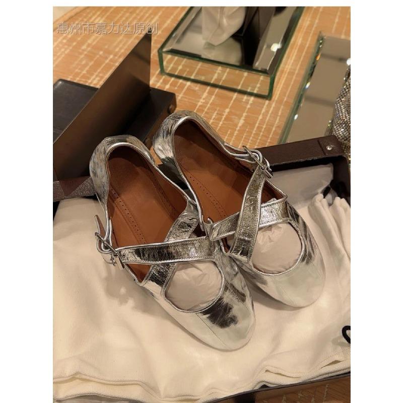 Sheepskin Silver Leather Cross-buckle with Round Head Retro Mary Jane Shoes Women's Soft-soled Ballet Shoes Women's Flat Shoes