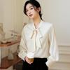 Mode Fliege Kragen Langarm Freizeit Hemd Damen Elegant Uni Schlicht Damen Blusen und Oberteile Vintage Slim Fit Weiße Bluse Damenbekleidung 25852