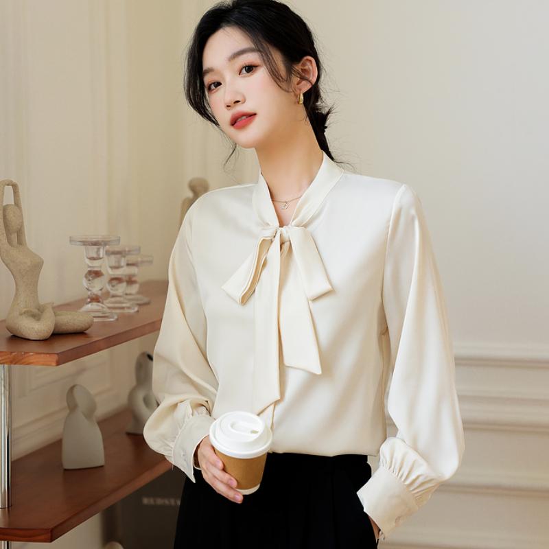 Mode Fliege Kragen Langarm Freizeit Hemd Damen Elegant Uni Schlicht Damen Blusen und Oberteile Vintage Slim Fit Weiße Bluse Damenbekleidung 25852