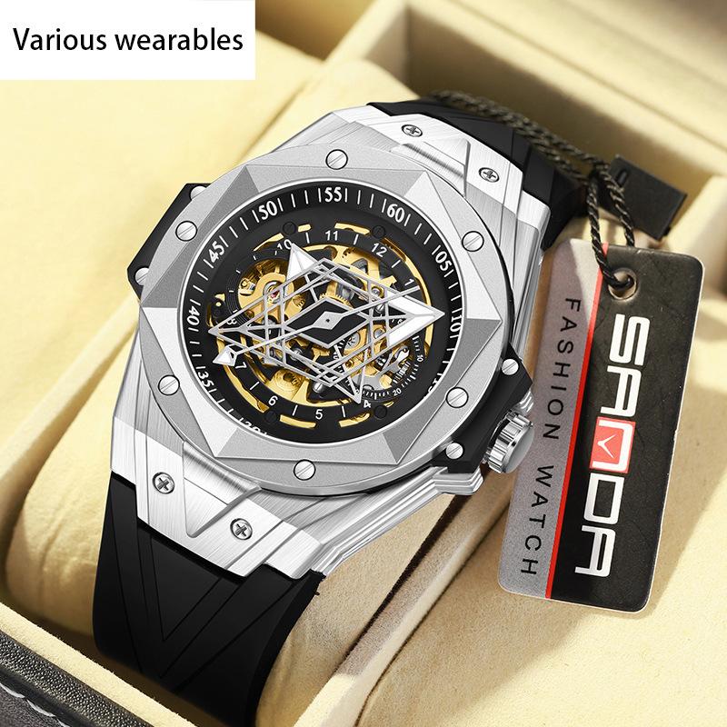 Automatische Mechanische Quarz Hohl Geometrische Uhr Modetrend Coole Herrenuhr Silikonuhr