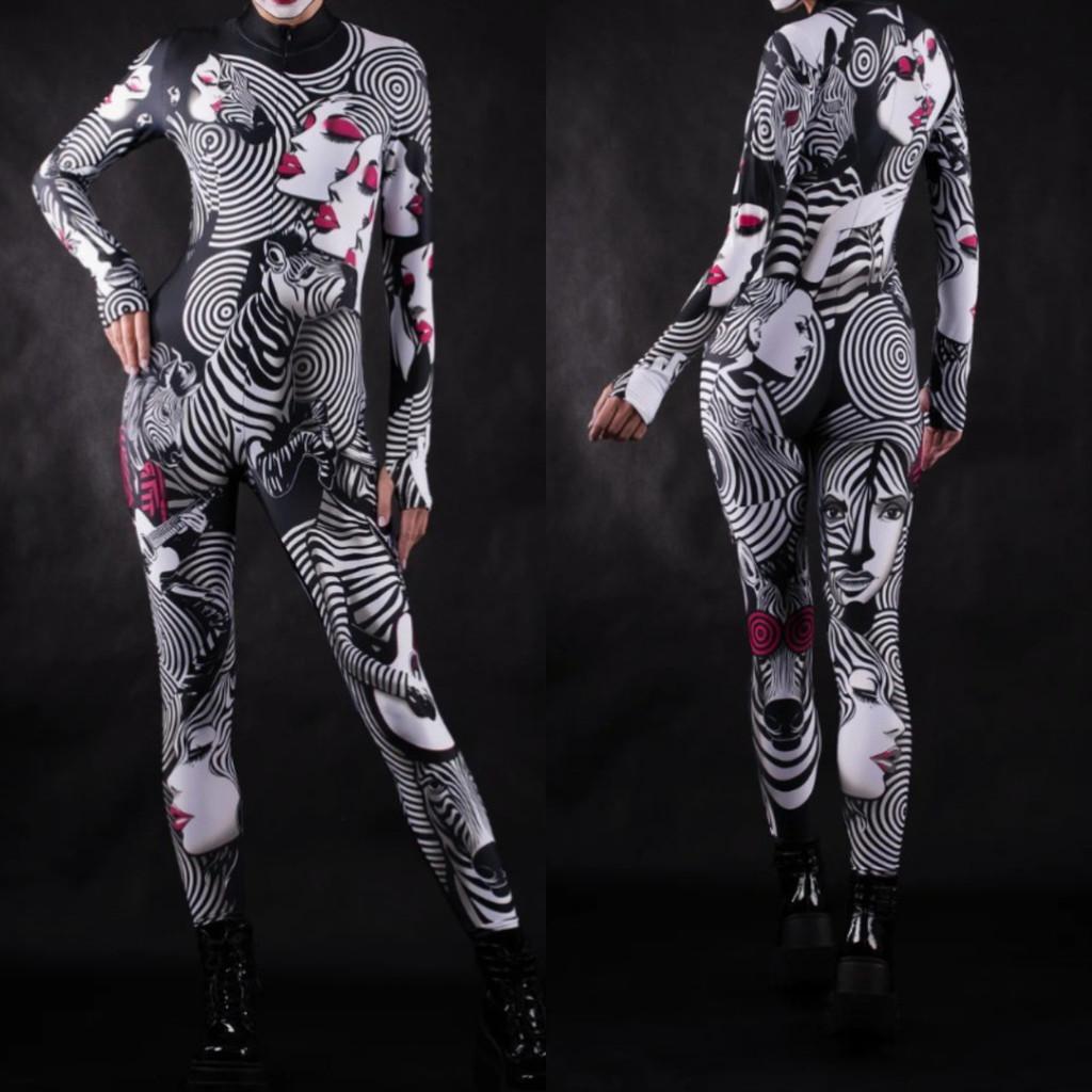 Zebra Lines Women Face 3D Digital Printing Jumpsuit Adults Stage Dance Performance Outfit Halloween Party Dress Up Costume