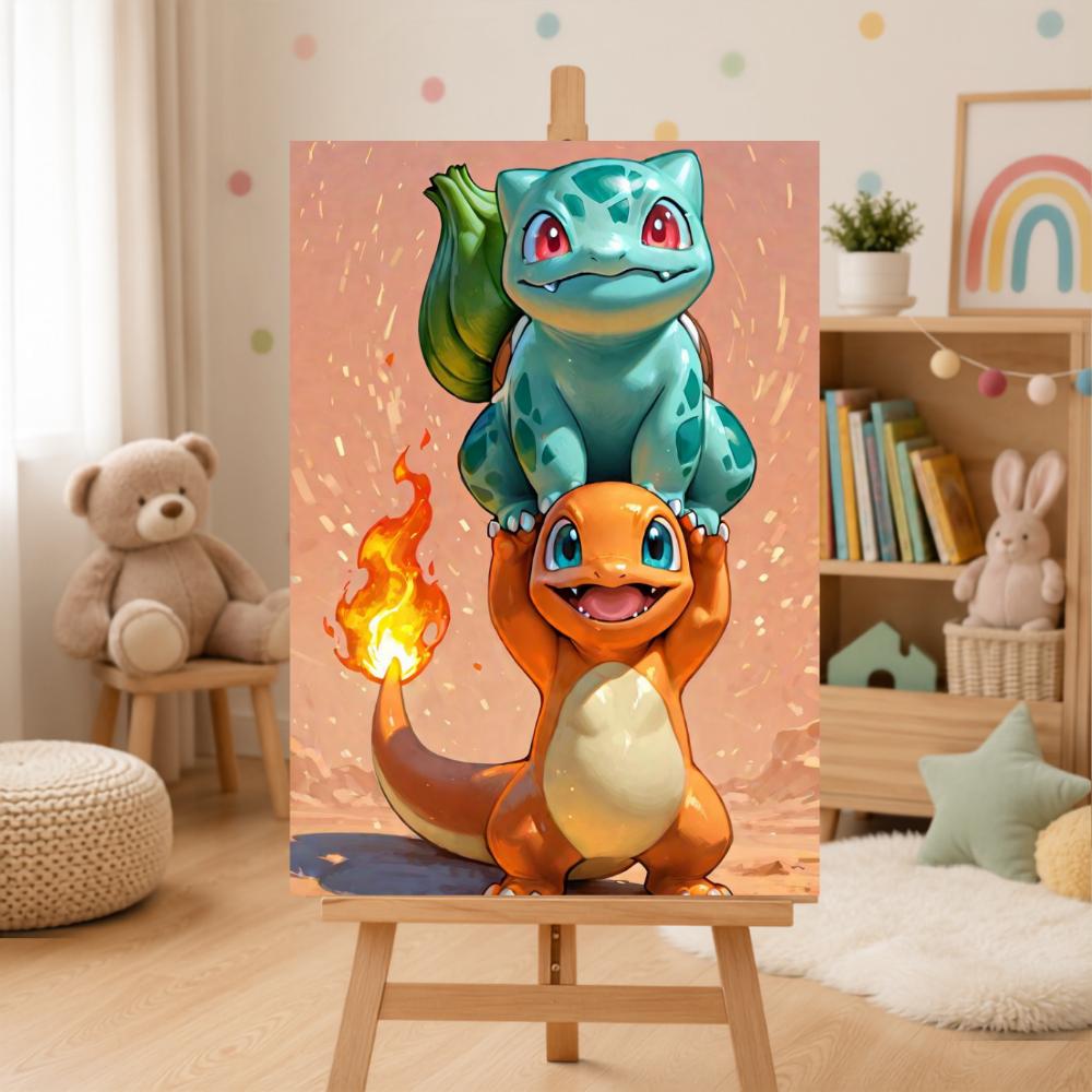 Obraz Do Malowania Po Numerach Z Ramą Pokemon Bulbasaur Charmander 50X70Cm