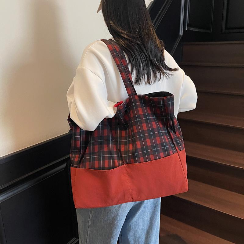 New plaid Korean lazy style large-capacity canvas bag fashionable cool women's casual literary and artistic shoulder bag