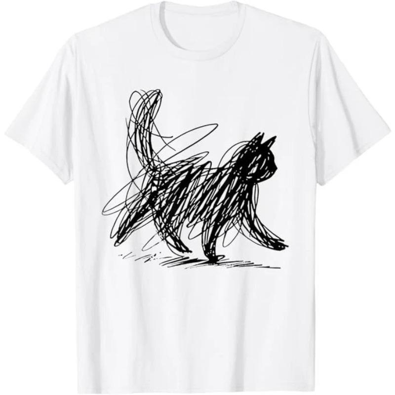 

New 2026 Trendy Streetwear Minimalist Cat Art T Shirt Womens Unisex Cotton Tee Casual Humor Short Sleeve Cats Lovers Gifts Summer S
