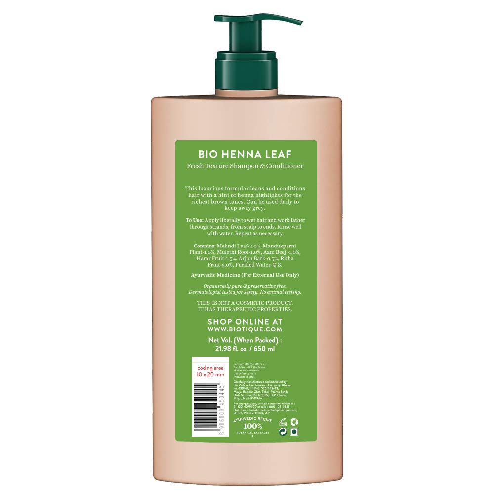 Biotique Bio Henna Leaf Fresh Texture Shampoo & Conditioner 650ml, Natural Hair Shine, Daily Use, Herbal Formula, Smooth & Voluminous Hair