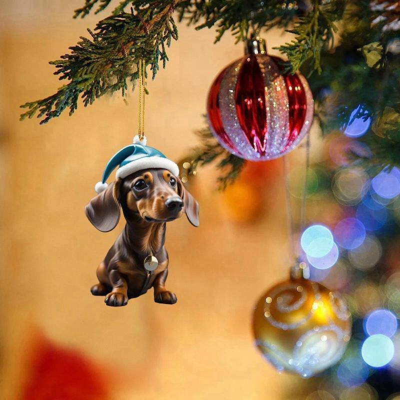 Christmas Cartoon Cute Dog Cat Ornaments Dachshund Dog Hanging Decoration Xmas Tree Pendant Home Party Supplies Car Decor Gifts