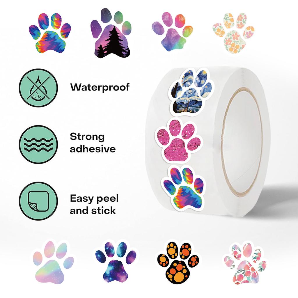 500 Pictures/roll Roll Sticker Hot-selling Tape Cartoon Dog Paw Print Handbook Material Envelope Sticker DIY Waterproof